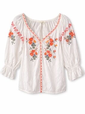 White Embroidered Peasant Blouse with Orange Floral Accents